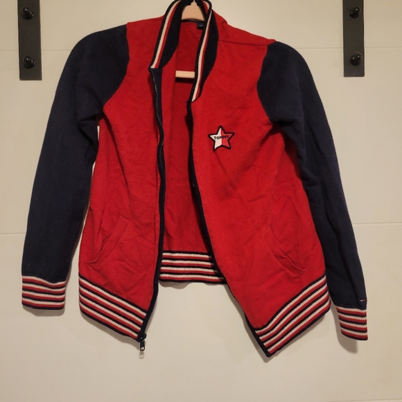 Used Faux Tommy Hilfiger Red and Blue color block Zip Up Sweater - Picture 1 of 3